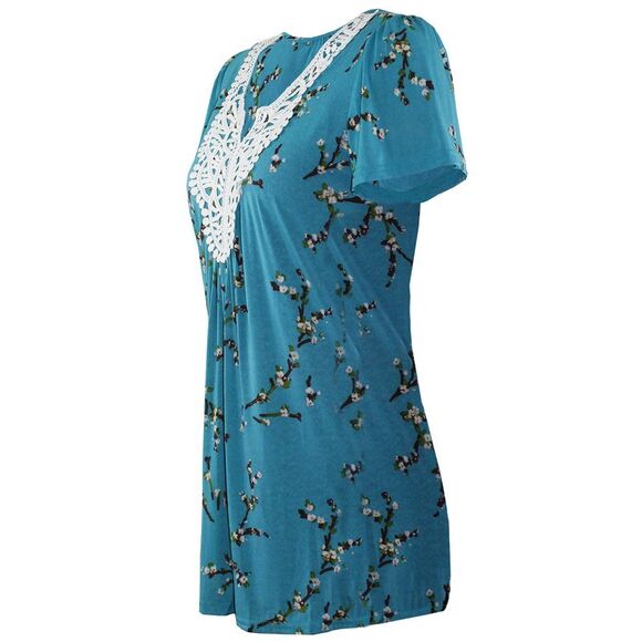 Turquoise Short Sleeve Floral Crochet Trim Tunic - Picture 2 of 3